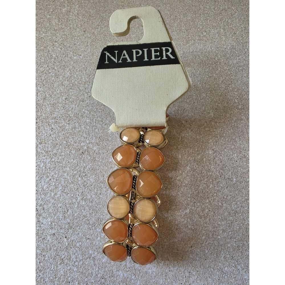 Napier Gold-Tone Double Strand Stretch Bracelet Faceted Peach Orange Stones NWT